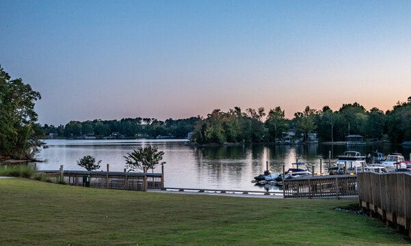 upscale fancy restaurant at evening on lake wylie in south carolina
