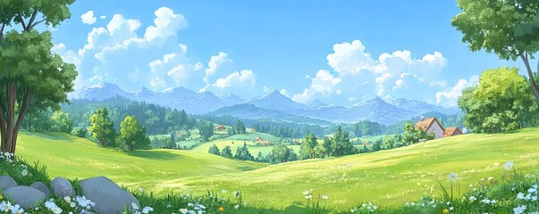 A serene landscape featuring green hills, a bright blue sky, fluffy clouds, and distant mountains under the warm sunlight.
