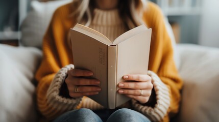 Woman reading a book in a cozy home setting
