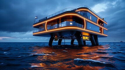 A repurposed oil rig, transformed into a marine research station dedicated to ocean conservation, set against the open sea, 