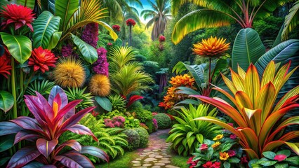 vibrant yellow bush garden design for a tropical and exotic atmosphere, with a whimsical and playful mood, lively and dynamic style,