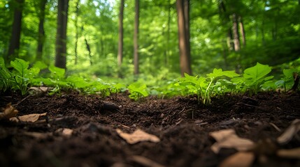 Lush forest floor with diverse plant species, soil with visible moisture, micro-ecosystem dynamics, intricate root systems, showcasing ecological balance. 