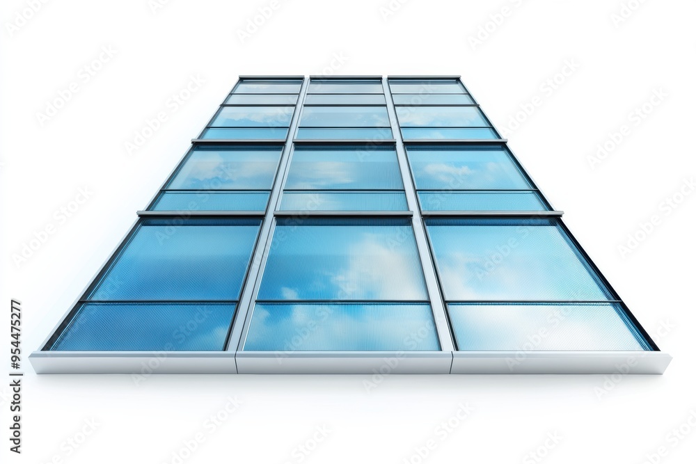 Poster futuristic transparent solar cell window design showcasing urban architecture with reflections of cl