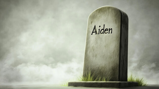 Tombstone Engraved with 'Aiden' in a Foggy Cemetery