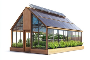 Obraz premium Sustainable solar powered greenhouse with lush plants and modern design