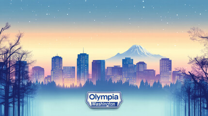 Olympia, Washington city skyline at dusk with Mount Rainier in the background