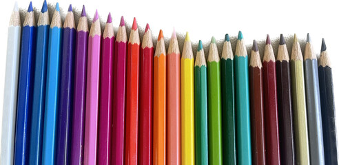 Color pencils isolated, Twenty-four classic colored pencils, multicolor background.