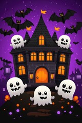 Spooky Halloween Haunted House with Ghosts and Bats