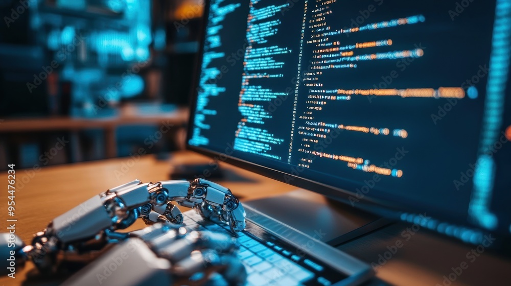 Poster coding and programming in a futuristic digital workspace with advanced technologies