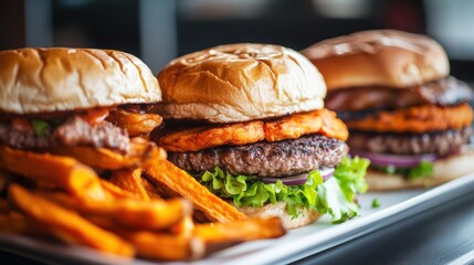 Burgers with Onion Rings and Sweet Potato Fries. Generative AI.