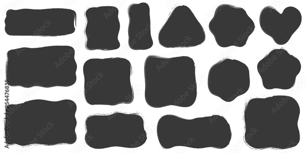 Poster paint brush textured shapes. inky grunge vector stains with rough edge. irregular abstract blob fram