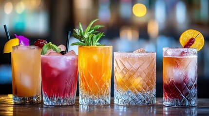 Colorful Cocktails and Drinks on Bar Counter with Garnishes and Accessories