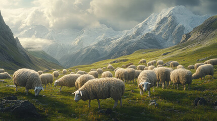 Fototapeta premium Ultra-realistic depiction of sheep grazing in a mountainous region, with their wool being