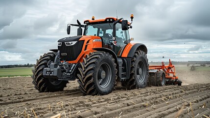 Obraz premium Orange and black tractor plowing field under cloudy sky, capturing rural agriculture scene