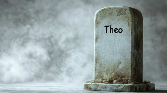 Weathered Tombstone with Name "Theo" in Foggy Cemetery Setting