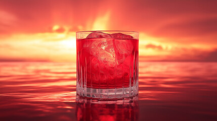 A glass of red liquid with ice cubes in it is sitting on a table by the ocean. The image has a warm, inviting mood, with the ocean and sunset in the background