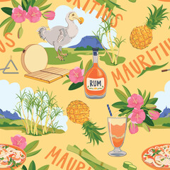 Seamless pattern with Mauritius landmarks in flat style. Vector sugar cane, Mount Peter, Dodo bird, Trochezia budoniana flowers, pineapple, falooda, millionaire salad, Sega music instruments © Tata Pilip