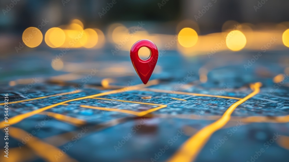 Poster a digital gps map displays a vibrant pin marking a specific location
