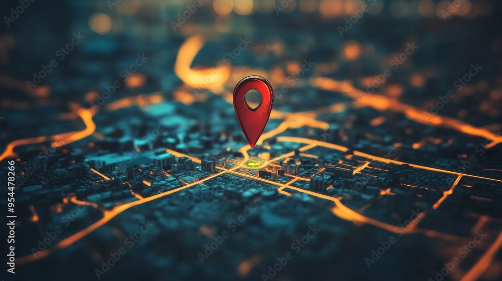 Poster a digital gps map displays a vibrant pin marking a specific location