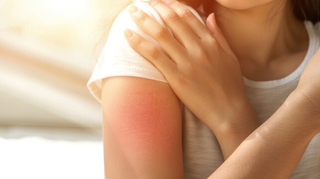 Dermatology, young woman allergy, allergic reaction from atopic, insect bites on her arm, hand in scratching itchy, itch red spot or rash of skin. Healthcare, treatment of beauty.