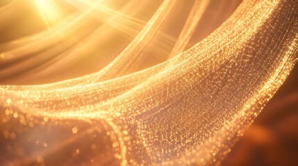 Detailed 3D rendering of textile fibers under UV protection, the image depicts fabric fibers intertwined with a protective, glowing layer, sunlight shines down with a bright, clear light, enhancing