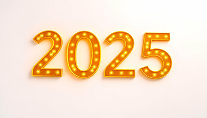 Glowing golden numbers 2025 on white background, representing the new year 2025
