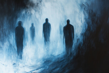 Obraz premium Shadowy Figures Emerging from a Blue Fog in a Mysterious Abstract Scene