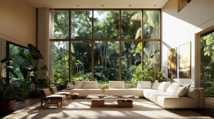 Ultra-realistic modern living room with double-height ceilings, large windows showcasing