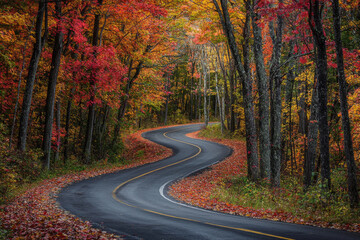 A winding road through vibrant autumn foliage, showcasing the beauty of fall colors in a serene landscape.