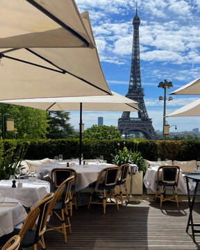 Scenic View of Eiffel Tower from Giraffe Restaurant Terrace in Paris