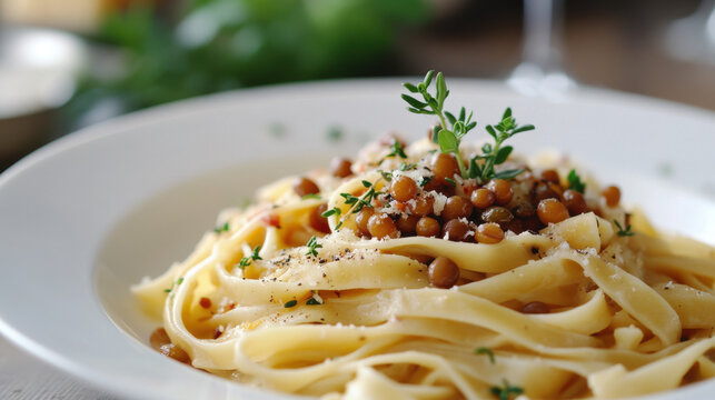 Ultra-realistic pasta with lentils, garnished with herbs, top-quality, vibrant textures