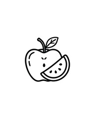 Editable stroke vector illustration of a sliced apple with a slice of watermelon next to it.