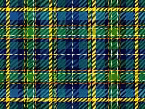Vivid MacLeod tartan pattern features rich blue, green, and yellow hues woven in a classic Scottish sett, evoking heritage and traditional clan identity.