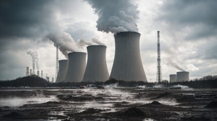 Muddy construction area contrasts with towers emitting steam under dark clouds 