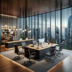 A stylish executive office with a sleek desk, multiple chairs, modern lighting, and panoramic glass windows providing an impressive view of the city and nearby greenery.