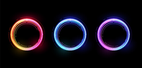 A set of neon swirl round frames, ideal for game portals. Isolated background.