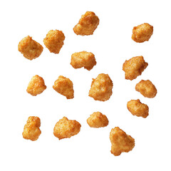 Chicken popcorn falling in the air, deep fried golden brown crunchy chicken, isolated on white background.
