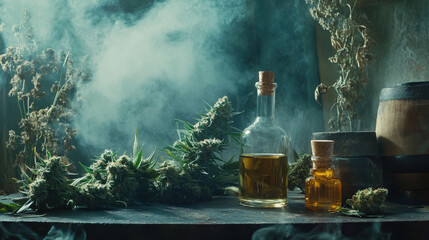 Ultra-realistic shot of cannabis strains and artisanal accessories, set against a richly