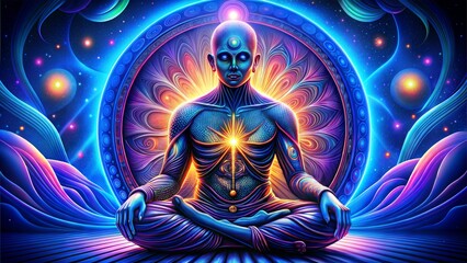 Colorful Buddha statue with radiant light and fractal background for spiritual meditation concept