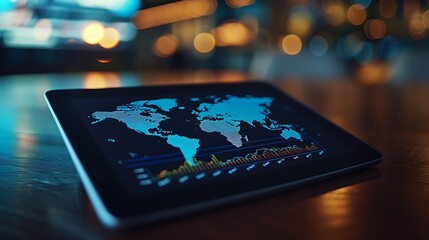 A world map on a digital tablet showing real-time global trade statistics.