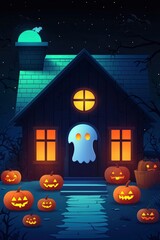 Haunted House with Jack-o'-Lanterns and Ghost