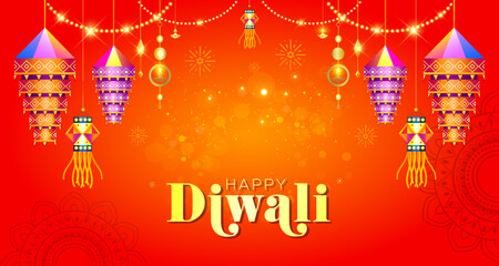 Diwali festive background. Indian traditional lights decoration lantern sparkle fire cracker paper frills and ethnic floral on red background.