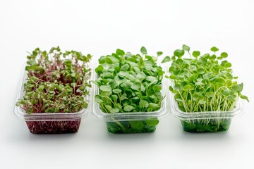 Fresh radish and mustard microgreens in clear plastic trays, rich in nutrients and flavor, perfect for healthy meals, isolated on white background, selective focus, copy space

