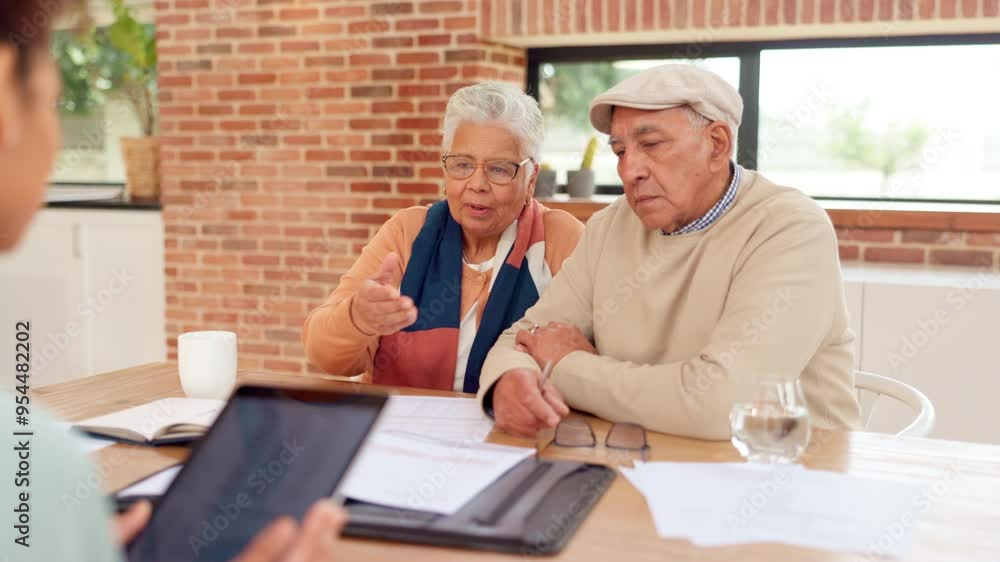 Wall mural Home, consultant and senior couple with tablet, paperwork and budget planning for online retirement policy. Old man, woman and insurance agent in house with discussion on digital app for pension fund