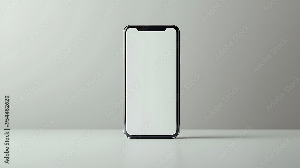 Poster a modern smartphone with a blank screen resting on a pristine white surface.