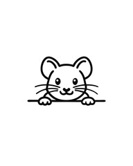 Editable stroke vector illustration of a small, cute mouse peeking out from behind a line.