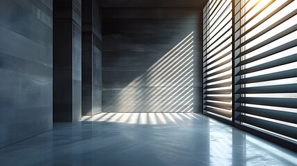 Obraz premium Modern Architecture Interior Design with Sunbeams Streaming Through Blinds - Minimalist Empty Room 3D Rendering.