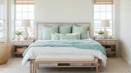 Peaceful bedroom overlooking the ocean serene decor and soothing blue palette 