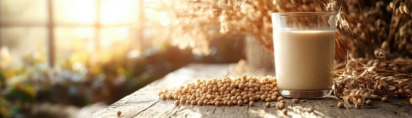 Glass of Fresh Soy Milk on Rustic Wooden Table with Soybeans and Wheat in Sunlit Background