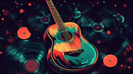 Vibrant Acoustic Guitar on a Vinyl Record Background in Abstract Art